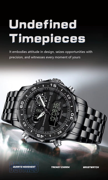 Fashion Sporty Men's Dual Display Watch Steel Strap Waterproof Multifunction Male Business Casual Wristwatch Gift