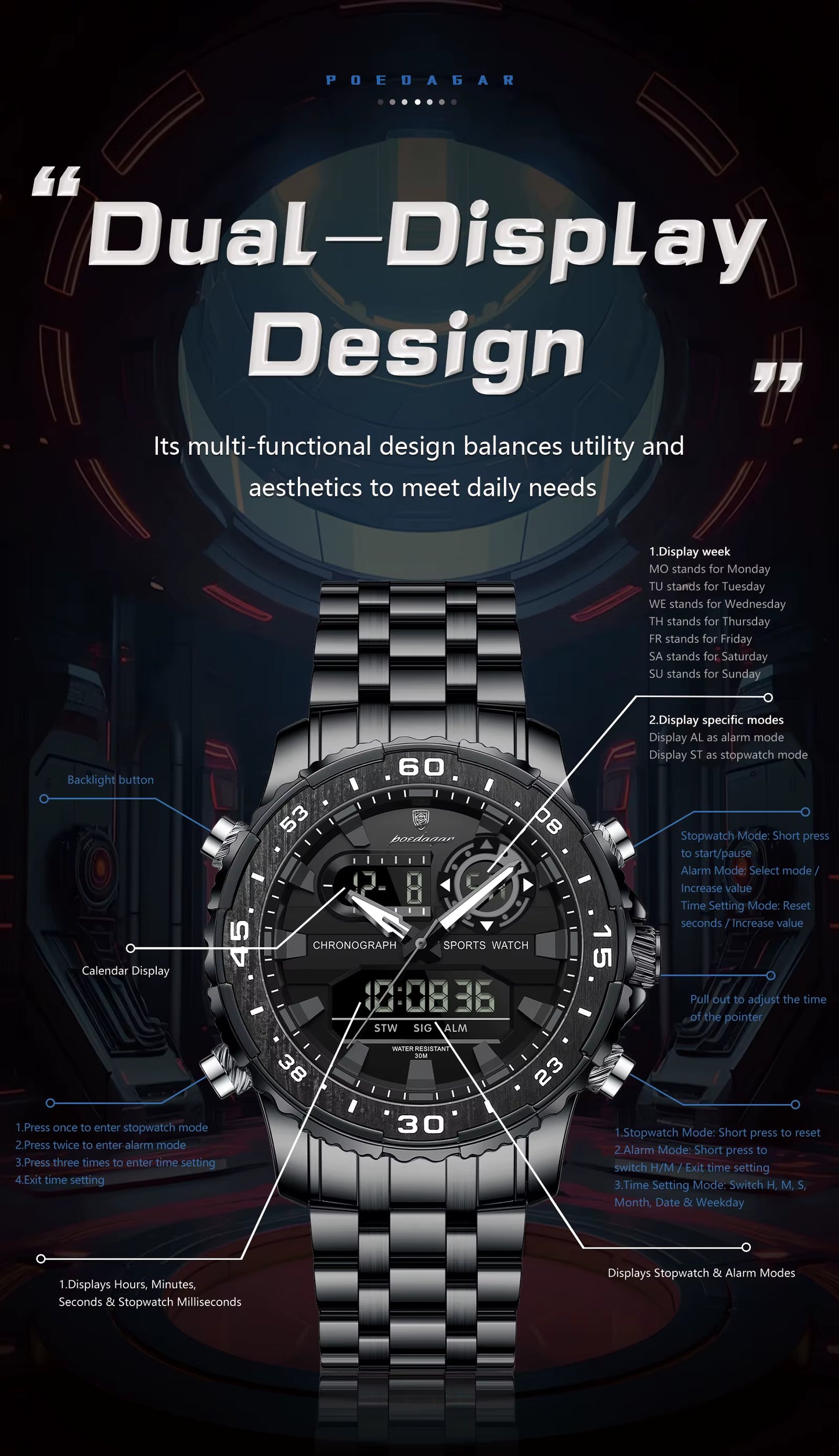 Fashion Sporty Men's Dual Display Watch Steel Strap Waterproof Multifunction Male Business Casual Wristwatch Gift