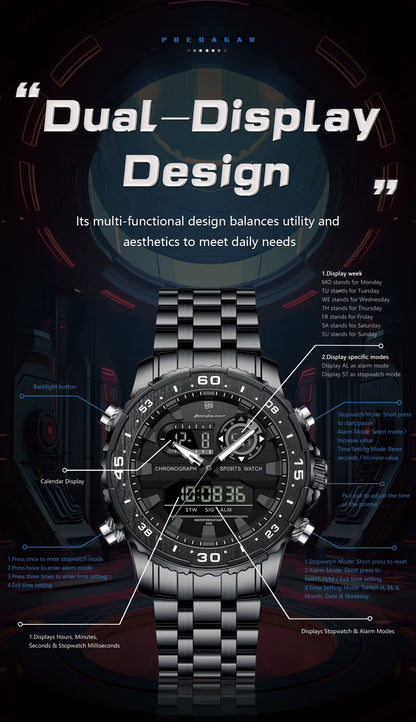 Fashion Sporty Men's Dual Display Watch Steel Strap Waterproof Multifunction Male Business Casual Wristwatch Gift