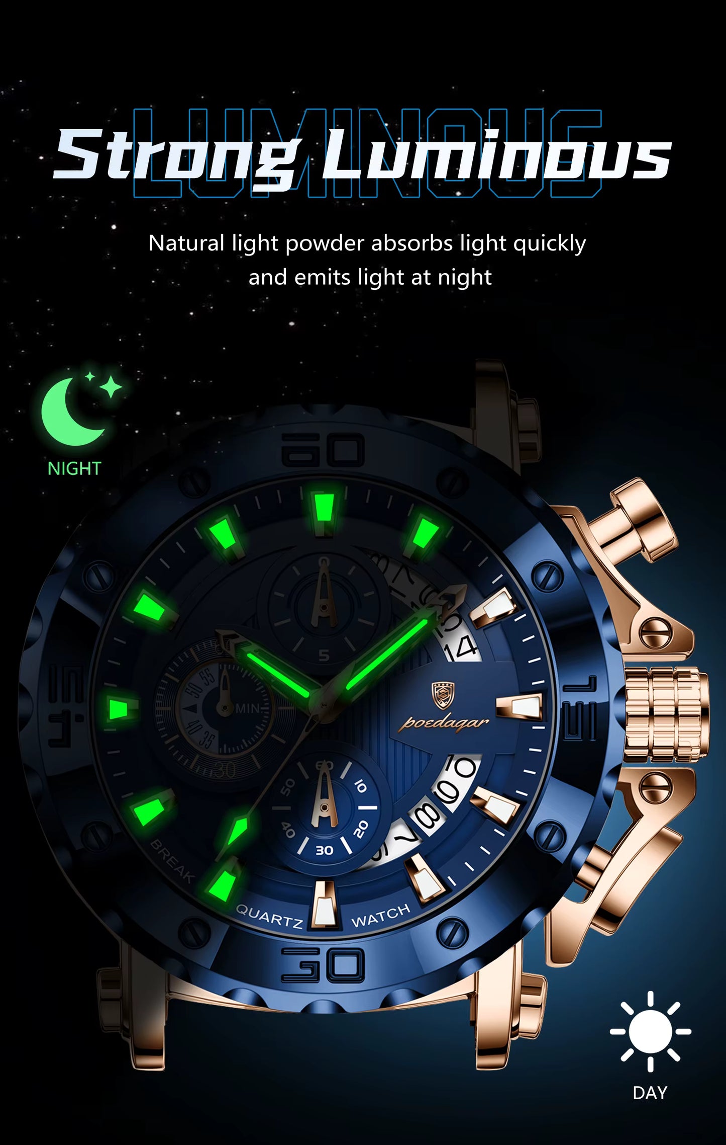 Men's Quartz Watch 48mm Dial Zinc Alloy Case Mineral-Strengthened Glass Leather Strap Luminous Three Sub-Dials 50m