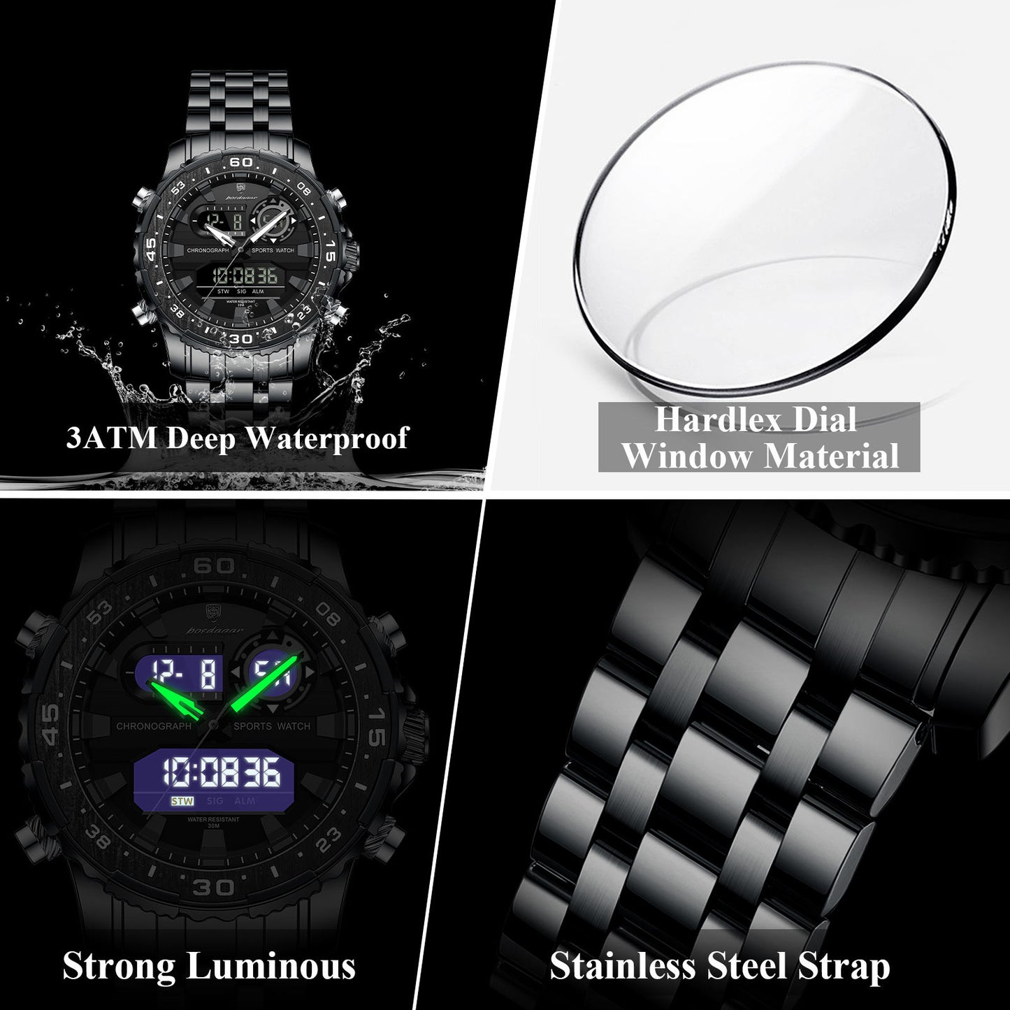 Fashion Sporty Men's Dual Display Watch Steel Strap Waterproof Multifunction Male Business Casual Wristwatch Gift