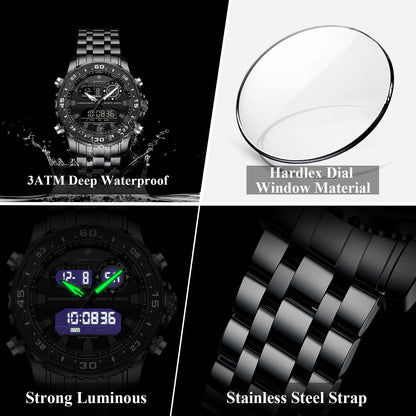 Fashion Sporty Men's Dual Display Watch Steel Strap Waterproof Multifunction Male Business Casual Wristwatch Gift