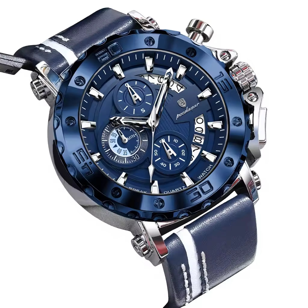 Men's Quartz Watch 48mm Dial Zinc Alloy Case Mineral-Strengthened Glass Leather Strap Luminous Three Sub-Dials 50m