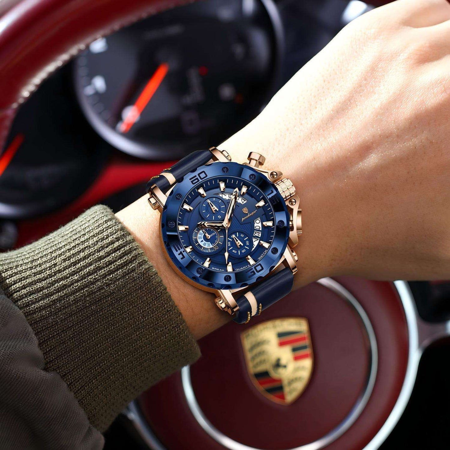 Men's Quartz Watch 48mm Dial Zinc Alloy Case Mineral-Strengthened Glass Leather Strap Luminous Three Sub-Dials 50m