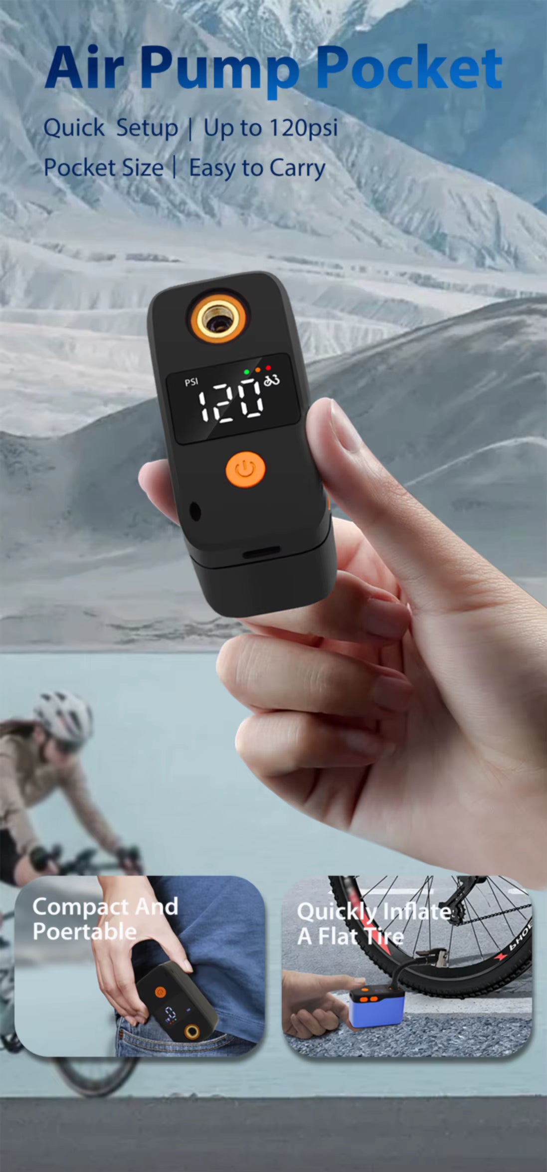 High Pressure Portable Electric Bicycle Tire Pump Lightweight Tiny Mini Smart Bike Air Pump with Presta Valve Adapter 120 PSI