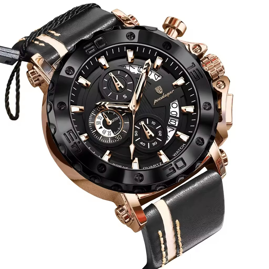 Men's Quartz Watch 48mm Dial Zinc Alloy Case Mineral-Strengthened Glass Leather Strap Luminous Three Sub-Dials 50m