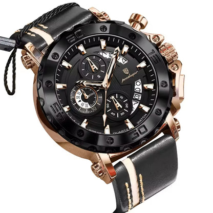 Men's Quartz Watch 48mm Dial Zinc Alloy Case Mineral-Strengthened Glass Leather Strap Luminous Three Sub-Dials 50m