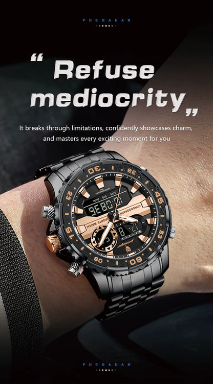 Fashion Sporty Men's Dual Display Watch Steel Strap Waterproof Multifunction Male Business Casual Wristwatch Gift