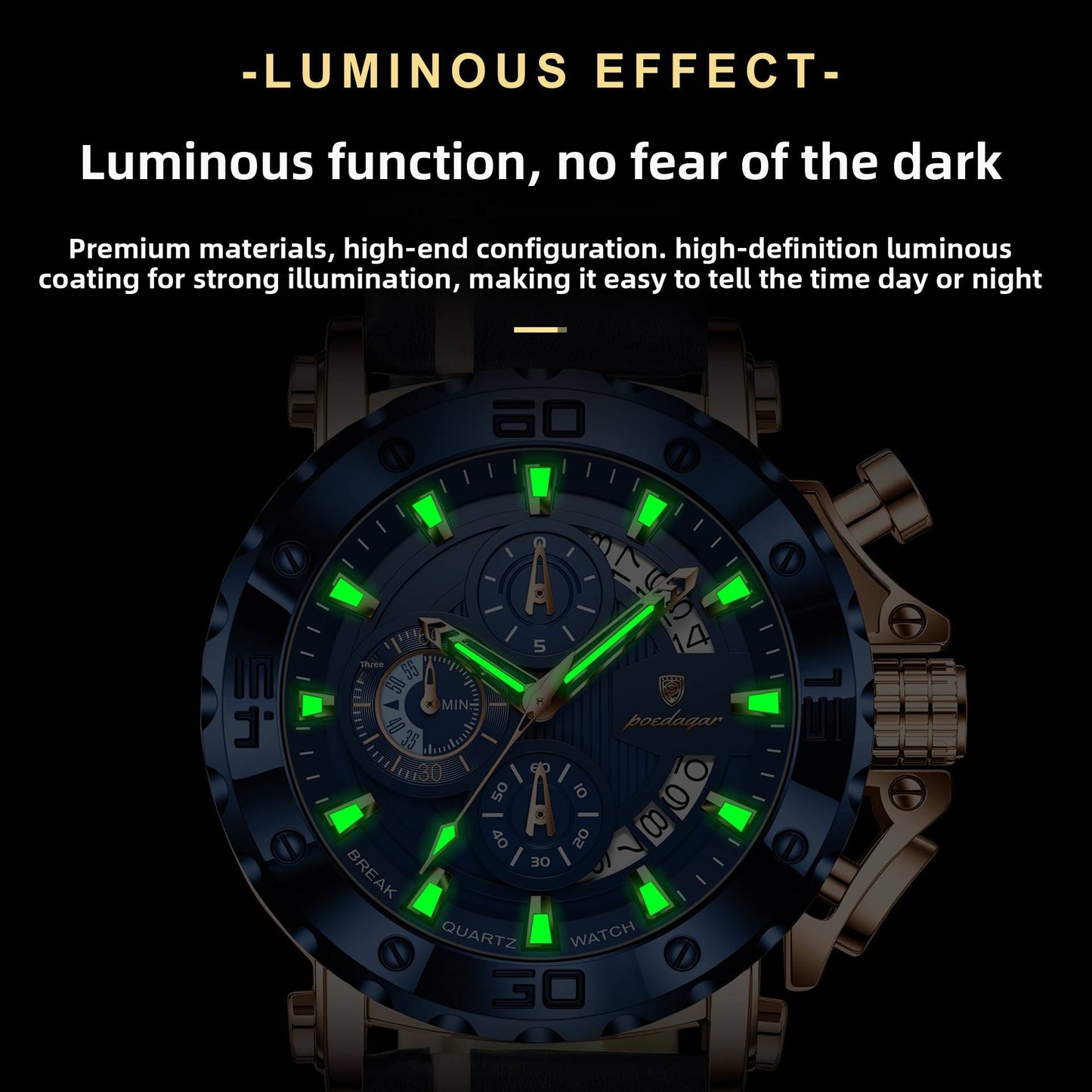 Men's Quartz Watch 48mm Dial Zinc Alloy Case Mineral-Strengthened Glass Leather Strap Luminous Three Sub-Dials 50m