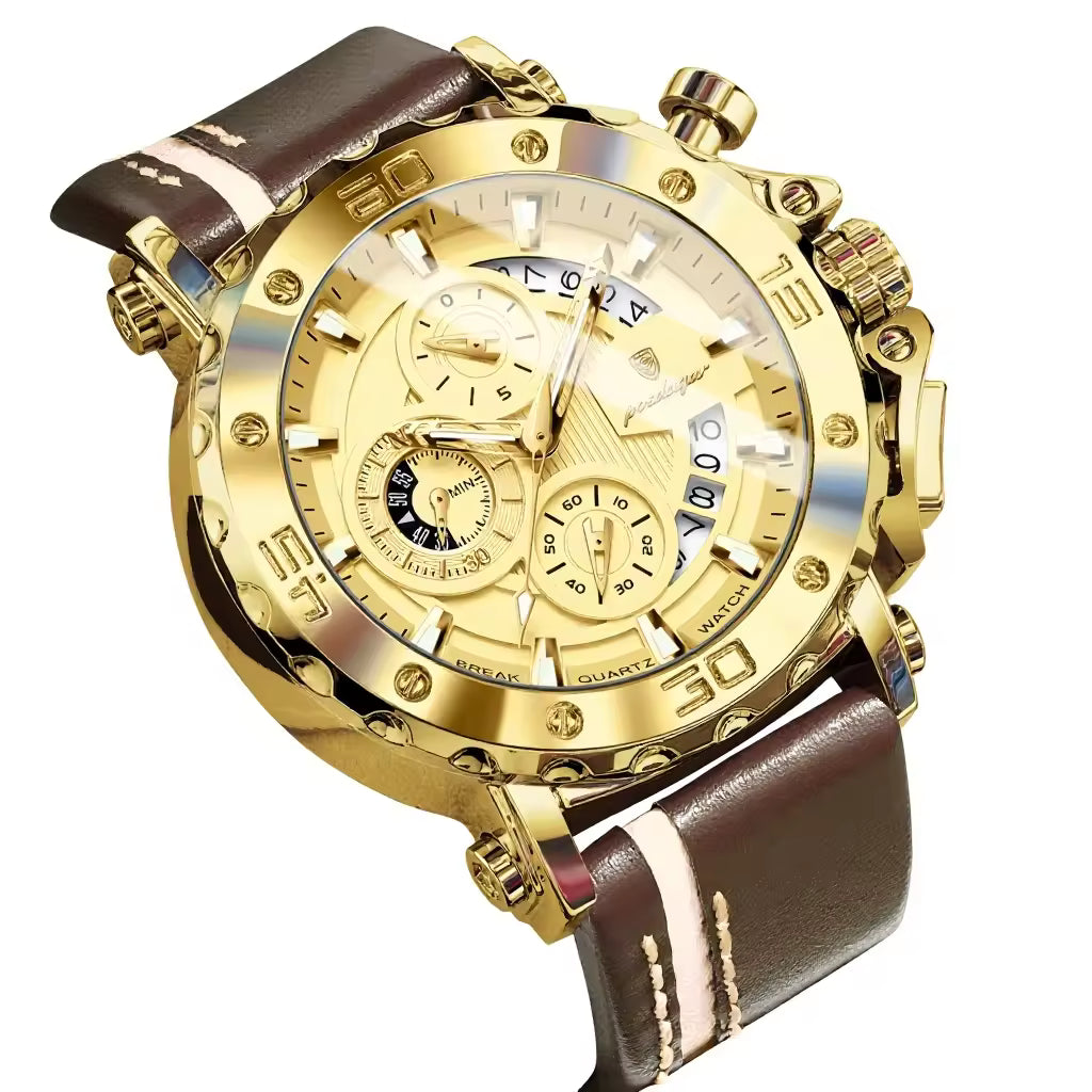 Men's Quartz Watch 48mm Dial Zinc Alloy Case Mineral-Strengthened Glass Leather Strap Luminous Three Sub-Dials 50m