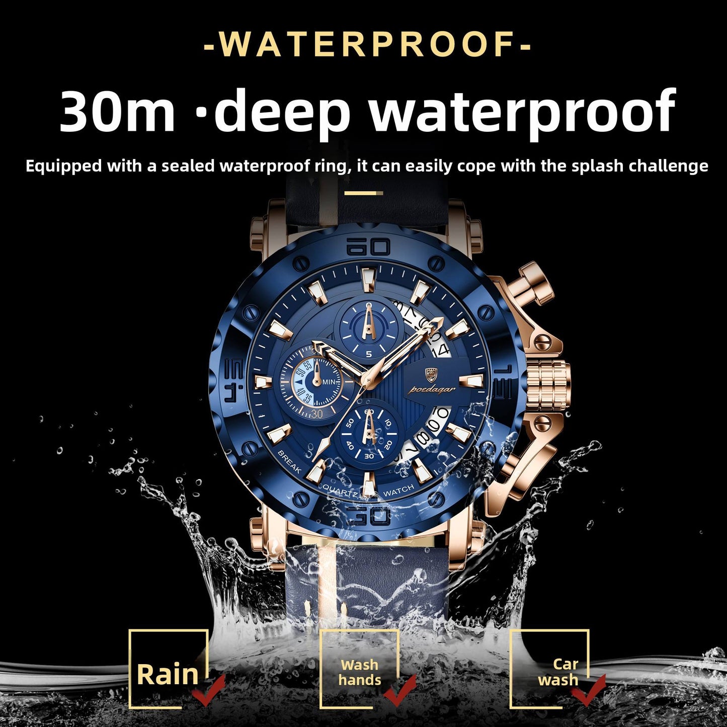Men's Quartz Watch 48mm Dial Zinc Alloy Case Mineral-Strengthened Glass Leather Strap Luminous Three Sub-Dials 50m