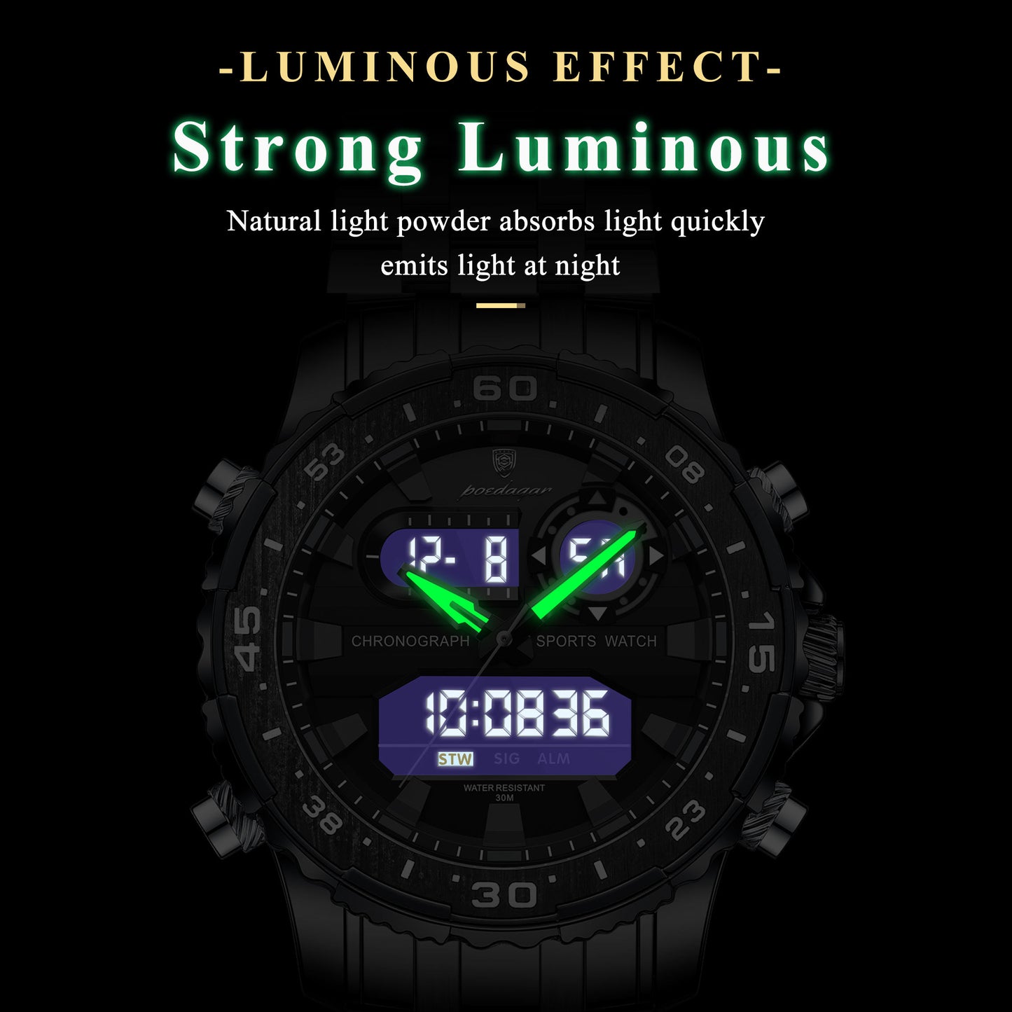 Fashion Sporty Men's Dual Display Watch Steel Strap Waterproof Multifunction Male Business Casual Wristwatch Gift