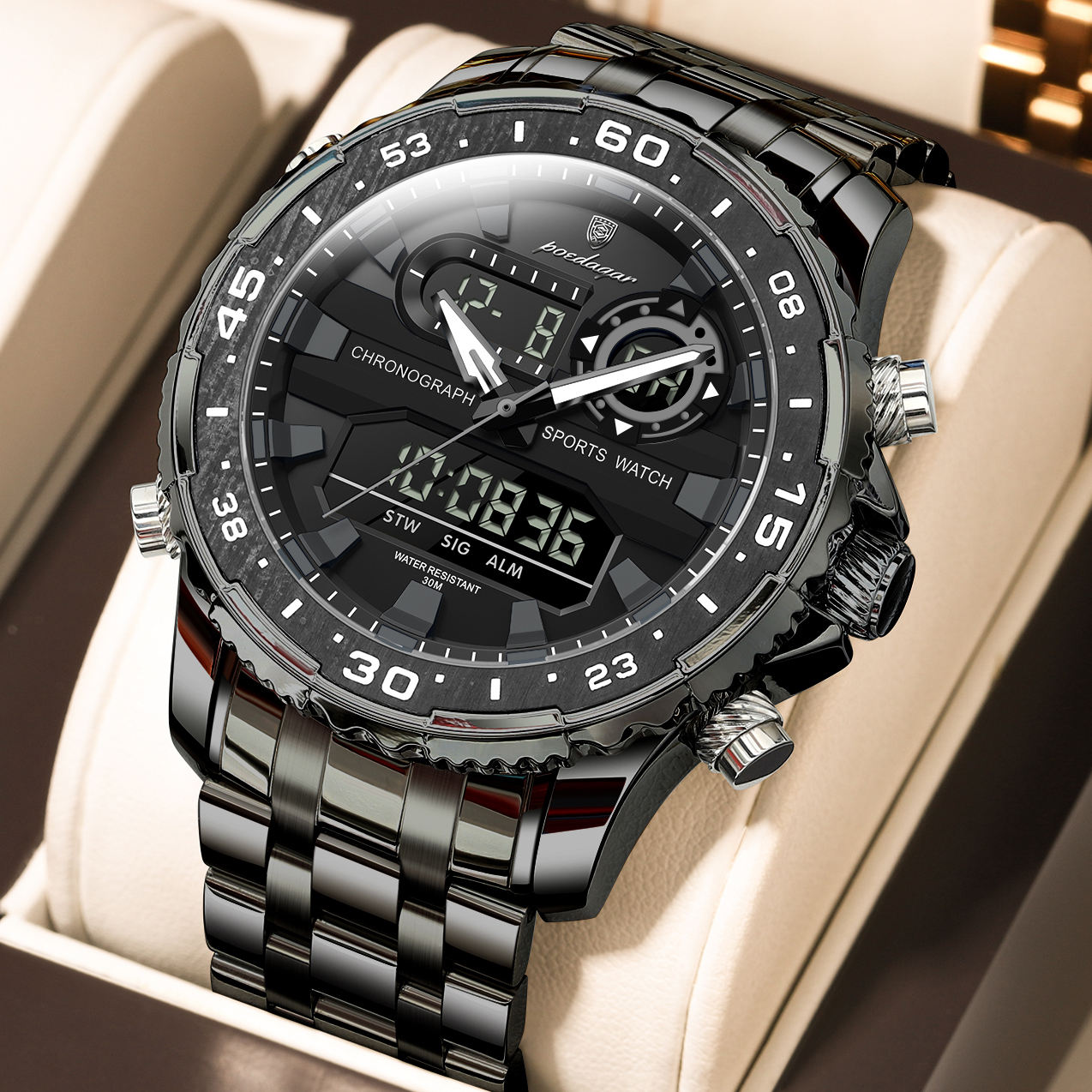 Fashion Sporty Men's Dual Display Watch Steel Strap Waterproof Multifunction Male Business Casual Wristwatch Gift