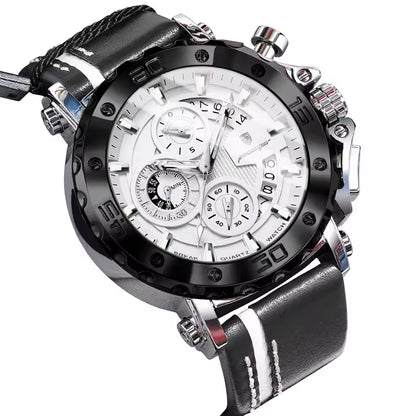 Men's Quartz Watch 48mm Dial Zinc Alloy Case Mineral-Strengthened Glass Leather Strap Luminous Three Sub-Dials 50m