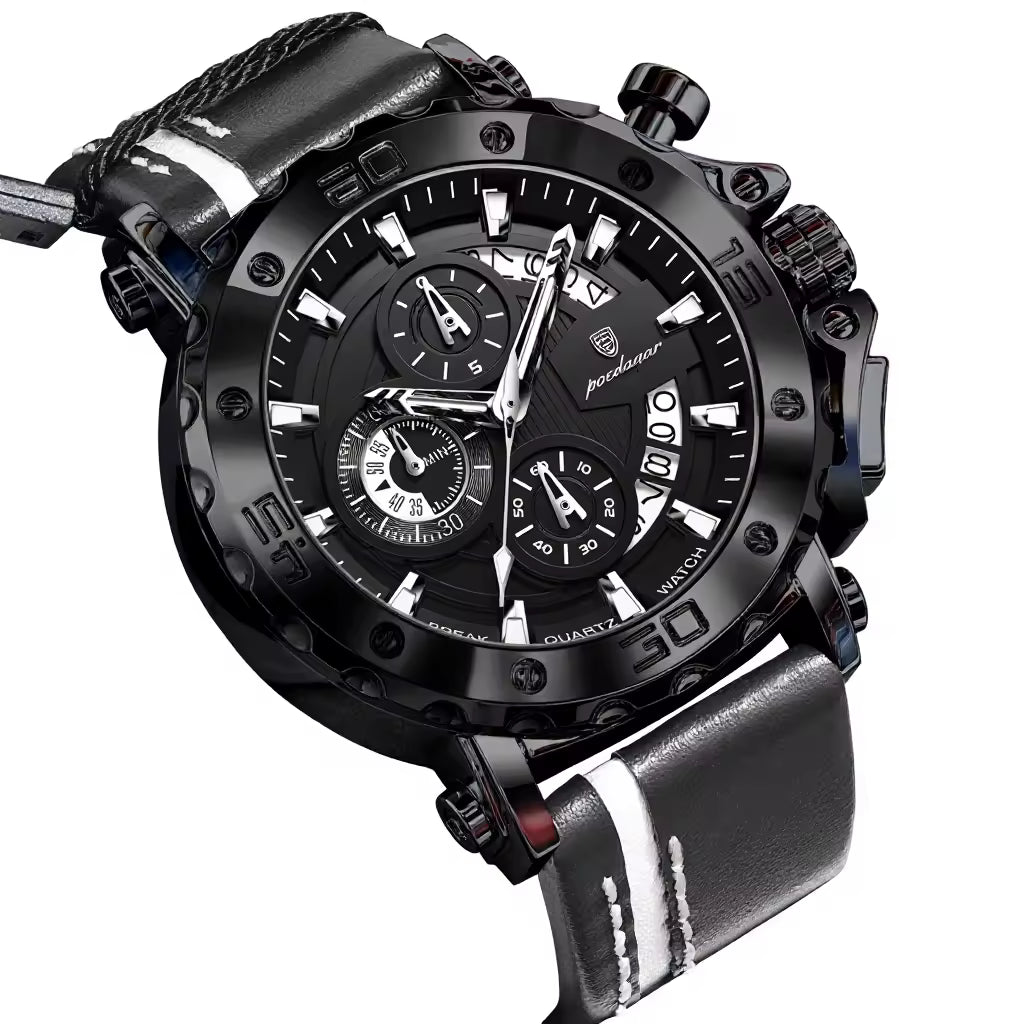 Men's Quartz Watch 48mm Dial Zinc Alloy Case Mineral-Strengthened Glass Leather Strap Luminous Three Sub-Dials 50m