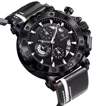 Men's Quartz Watch 48mm Dial Zinc Alloy Case Mineral-Strengthened Glass Leather Strap Luminous Three Sub-Dials 50m