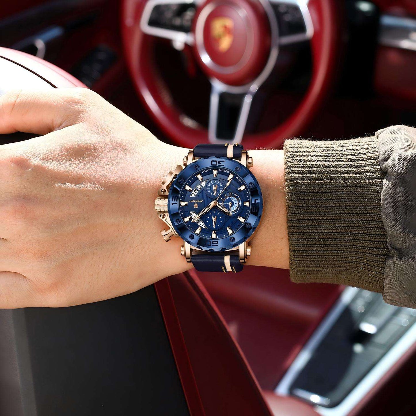 Men's Quartz Watch 48mm Dial Zinc Alloy Case Mineral-Strengthened Glass Leather Strap Luminous Three Sub-Dials 50m