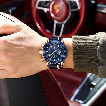 Men's Quartz Watch 48mm Dial Zinc Alloy Case Mineral-Strengthened Glass Leather Strap Luminous Three Sub-Dials 50m