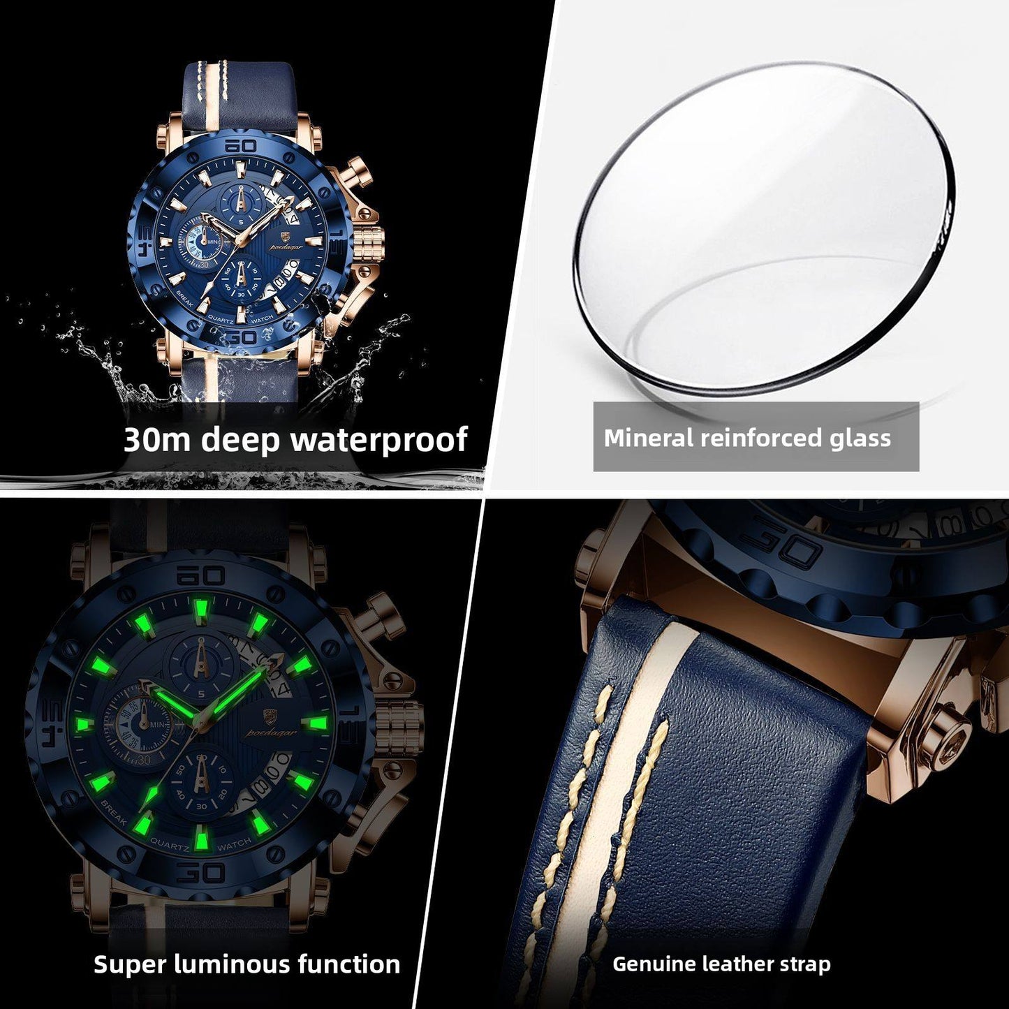 Men's Quartz Watch 48mm Dial Zinc Alloy Case Mineral-Strengthened Glass Leather Strap Luminous Three Sub-Dials 50m