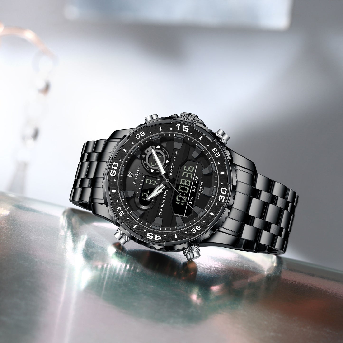 Fashion Sporty Men's Dual Display Watch Steel Strap Waterproof Multifunction Male Business Casual Wristwatch Gift