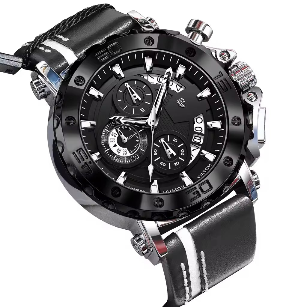 Men's Quartz Watch 48mm Dial Zinc Alloy Case Mineral-Strengthened Glass Leather Strap Luminous Three Sub-Dials 50m