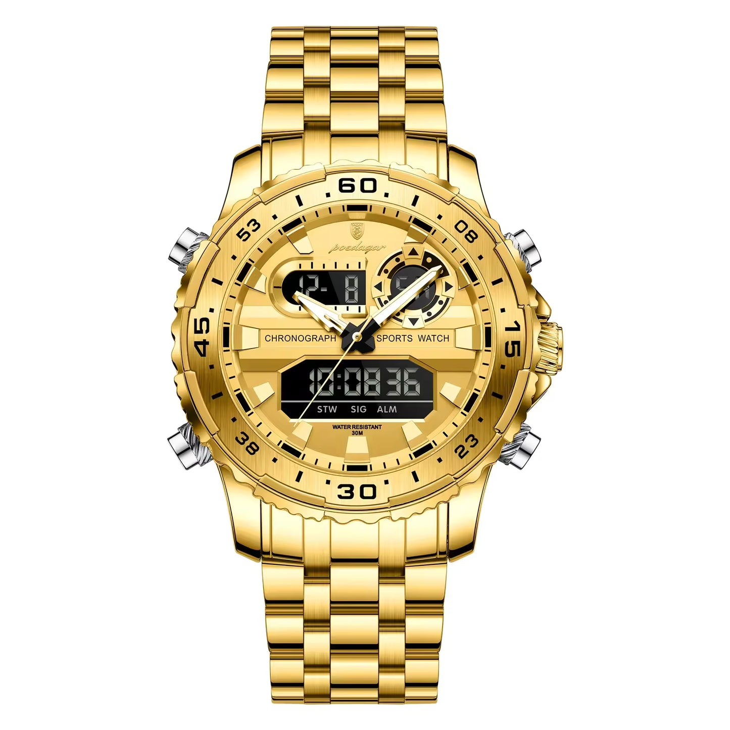Fashion Sporty Men's Dual Display Watch Steel Strap Waterproof Multifunction Male Business Casual Wristwatch Gift