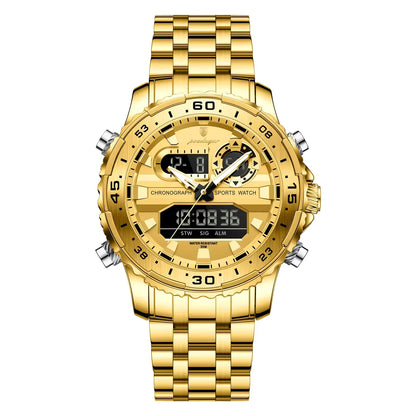 Fashion Sporty Men's Dual Display Watch Steel Strap Waterproof Multifunction Male Business Casual Wristwatch Gift