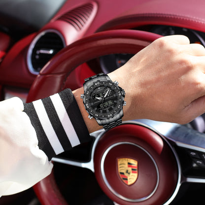 Fashion Sporty Men's Dual Display Watch Steel Strap Waterproof Multifunction Male Business Casual Wristwatch Gift