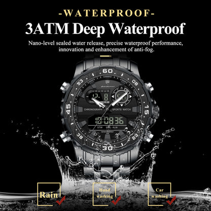 Fashion Sporty Men's Dual Display Watch Steel Strap Waterproof Multifunction Male Business Casual Wristwatch Gift
