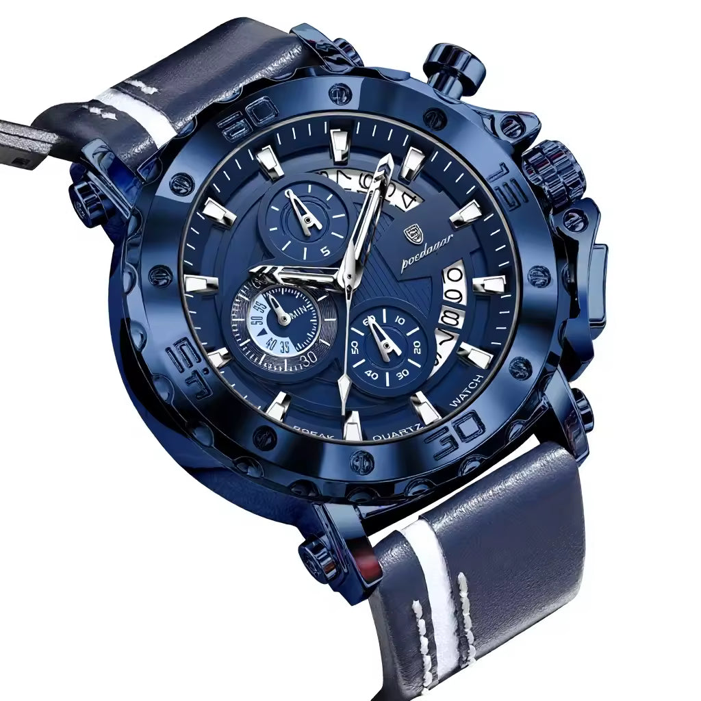 Men's Quartz Watch 48mm Dial Zinc Alloy Case Mineral-Strengthened Glass Leather Strap Luminous Three Sub-Dials 50m