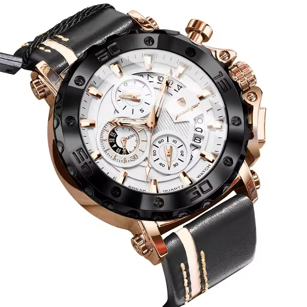 Men's Quartz Watch 48mm Dial Zinc Alloy Case Mineral-Strengthened Glass Leather Strap Luminous Three Sub-Dials 50m