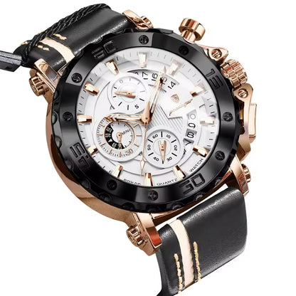 Men's Quartz Watch 48mm Dial Zinc Alloy Case Mineral-Strengthened Glass Leather Strap Luminous Three Sub-Dials 50m