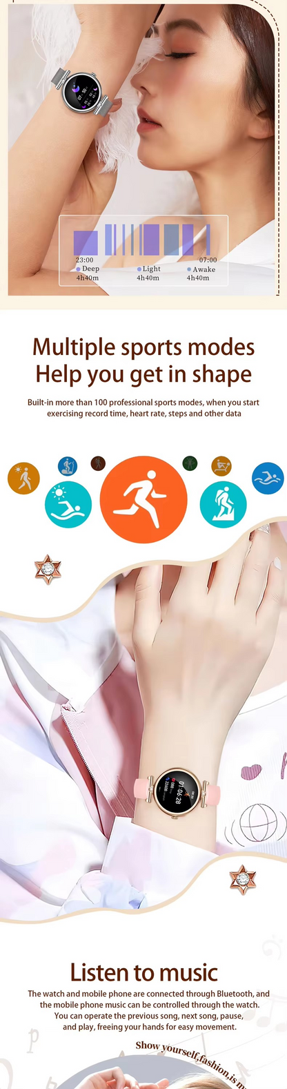 2025 New 1.28inch AMOLED women smart watch with heart rate blood pressure sports smartwatch for lady