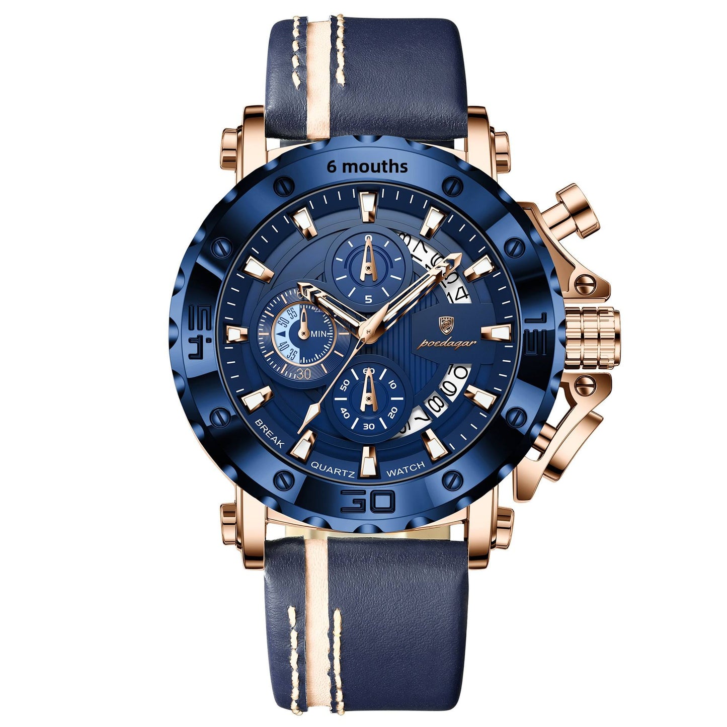 Men's Quartz Watch 48mm Dial Zinc Alloy Case Mineral-Strengthened Glass Leather Strap Luminous Three Sub-Dials 50m