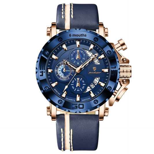 Men's Quartz Watch 48mm Dial Zinc Alloy Case Mineral-Strengthened Glass Leather Strap Luminous Three Sub-Dials 50m